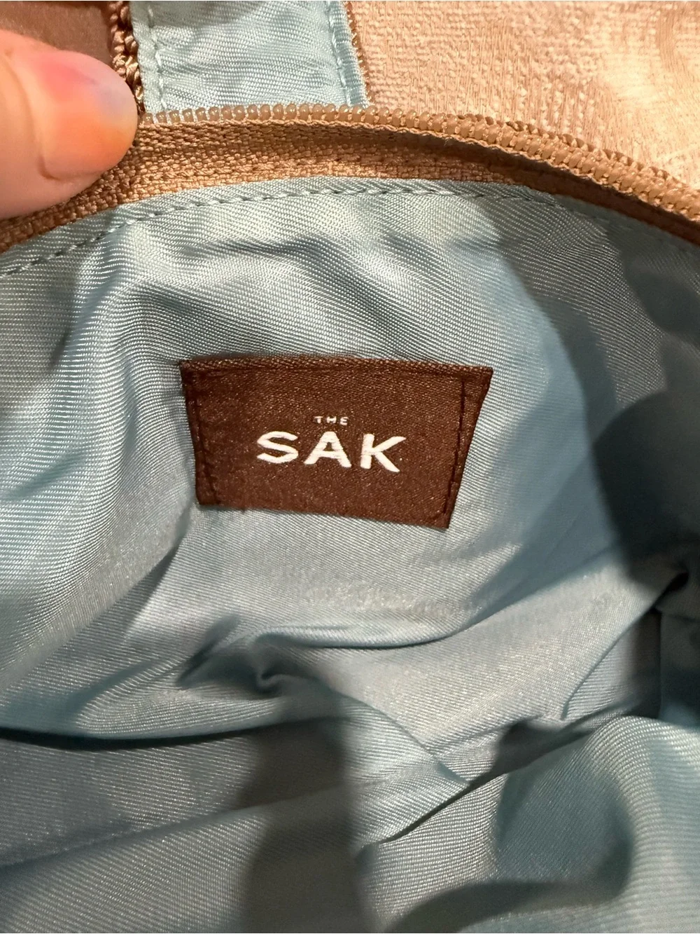 The Sak Brown Tan Wristlet Nylon Clutch Blue Lined Silver Hardware Crochet Strap